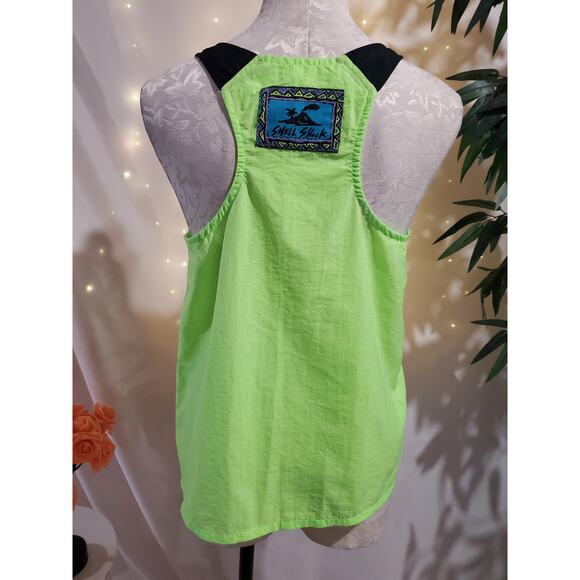 Shell Shock Vtg 90s Neon Green Nylon Tank Top Womens Size L Rave Hawaiian Gym - Picture 1 of 10